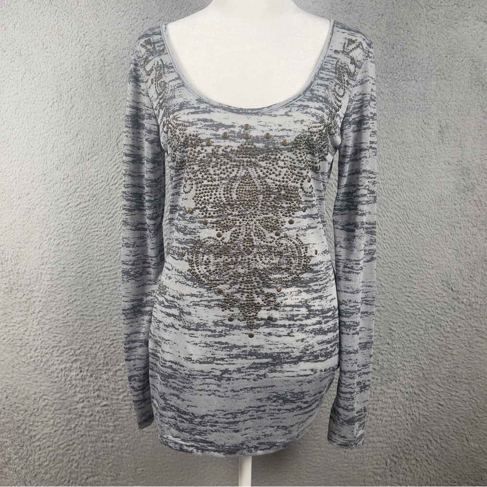 Cache Top Womens Medium Gray Long Sleeve Rhinestone Embellished LS Y2K Style